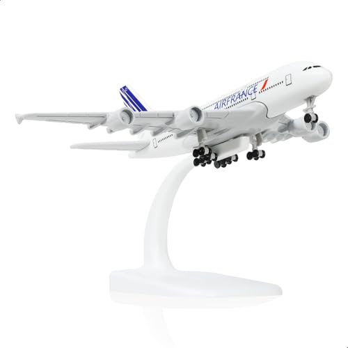 QIYUMOKE 1/400 Air France A380 Flugzeugmodell (6 Zoll lang) für Airbus A380 Flugzeugmodellbausatz mit vorgefertigtem Flugzeugfahrwerk und Ausstellungsständer, kann als Flugzeuggeschenk für Erwachsene von QIYUMOKE