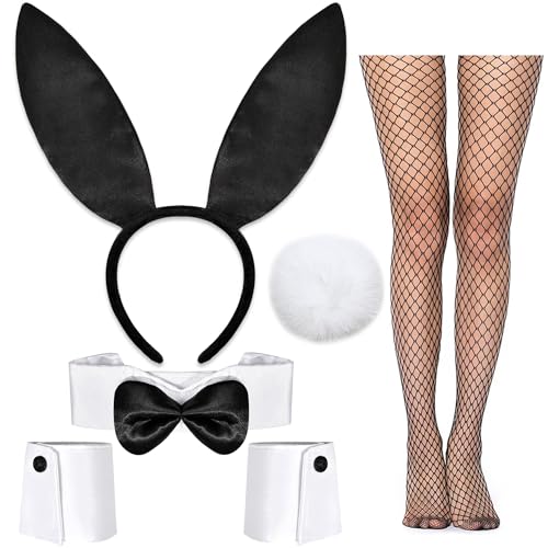 Bunny Costume Set, HasenohrenKostüm, Bunny Kostüm Frauen, Hasenkostüm Halloween mit Hasenohren Haarreif, Fliege, Manschetten, Hasenschwanz, Netzstrumpfhose für Halloween, Karneval, Ostern (6PCS) von QIZHIQIAMY