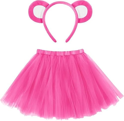 QIZHIQIAMY Bärenohren Haarreif 2 Stück Tütü Rock und Bären Chipmunks Ohren Haarreifen Bunt Bär Kostüm für Kinder Damen Halloween Karneval Cosplay Bär Kostüm Zubehör (Dunkelrosa) von QIZHIQIAMY
