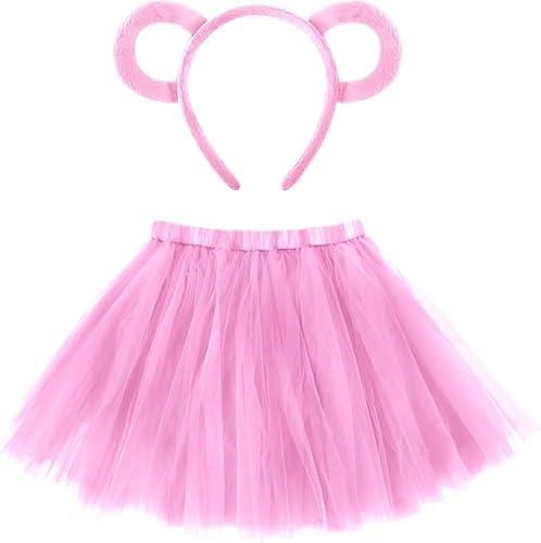 QIZHIQIAMY Bärenohren Haarreif Bären, Chipmunks Ohren Haarreifen und Tütü Rock Bunt Bär Kostüm für Kinder Damen Halloween Karneval Cosplay Bär Kostüm Zubehör (Rosa) von QIZHIQIAMY