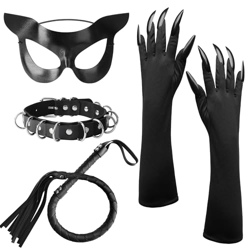 QIZHIQIAMY Katzenkostüm Damen, 4 Stück Halloween Kostüm Damen Katze, Katzen Accessoires Damens mit Katzenmaske, Handschuhen, Peitsche, Halskette für Halloween, Karneval, Cosplay, Mottoparty (A) von QIZHIQIAMY