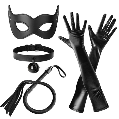 QIZHIQIAMY Katzenkostüm Damen, 4 Stück Halloween Kostüm Damen Katze, Katzen Accessoires Damens mit Katzenmaske, Handschuhen, Peitsche, Halskette für Halloween, Karneval, Cosplay, Mottoparty (B) von QIZHIQIAMY