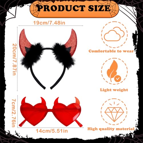 QIZHIQIAMY Teufelshörner Haarreif 2 Stück Teufels Ohren Rot Herz Sonnenbrille Teufel Haarband für Erwachsener Kinder, Halloween, Karneval Kostüm Zubehör von QIZHIQIAMY