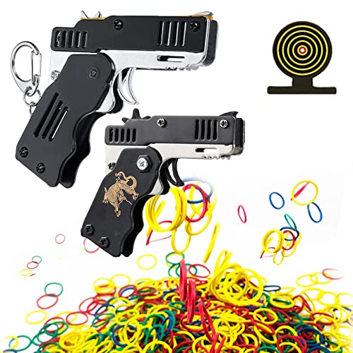 2 StüCk Gummi Pistole Gummiband Mini-Gummibandpistole Aus Metall Gummibandpistole Spielzeug Easy Load Faltbare Handgefertigte Spielzeugpistole Metallgummipistole Mit SchlüSselbund 200 Gummiband von QJFHURB
