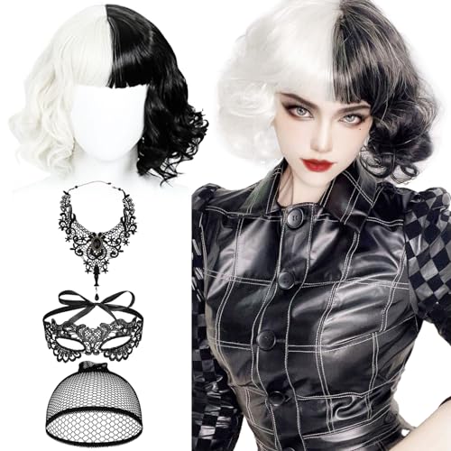 QJFHURB Cruella Perücke Cruella Devil Kostüm Damen Perücke Cruella Devil Perücke Schwarz Weiß Cruella Wig Perücke Schwarz Weiss Mit Schwarze Spitze Frauen Halskette Spitze Augenmaske Und Haarnetz von QJFHURB