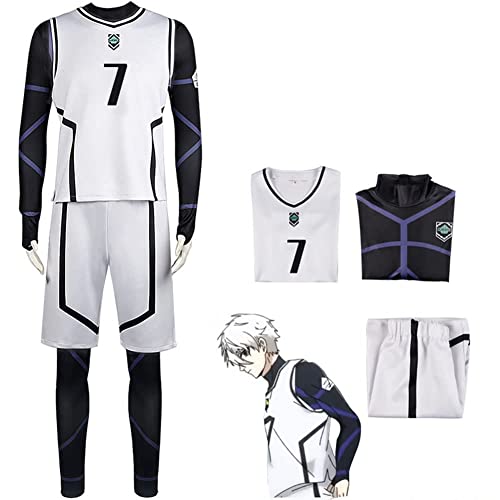 QJIRZB Blue Lock Fußballtrikot-Set für Teenager und Erwachsene, Isagi Yoichi, Anime, Fußball-Trainingstrikot-Set, Anime, Cosplay, Sportkostüm (Weiß 7, L) von QJIRZB