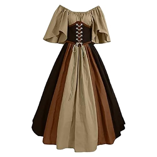 QJIRZB Damen Mittelalter Renaissance Kleid mit Korsett Irischer Bauernstil Überkleid 18. Jahrhundert Halloween Cosplay Kostüm (#01 Kahki, M) von QJIRZB