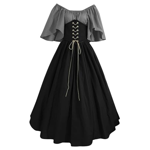 QJIRZB Damen Mittelalter Renaissance Kleid mit Korsett Irischer Bauernstil Überkleid 18. Jahrhundert Halloween Cosplay Kostüm (#02 Black, L) von QJIRZB