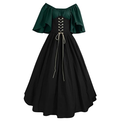 QJIRZB Damen Mittelalter Renaissance Kleid mit Korsett Irischer Bauernstil Überkleid 18. Jahrhundert Halloween Cosplay Kostüm (#02 Dunkelgrün, XXL) von QJIRZB