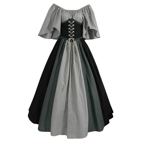 QJIRZB Damen Mittelalter Renaissance Kleid mit Korsett Irischer Bauernstil Überkleid 18. Jahrhundert Halloween Cosplay Kostüm (#02 Grau, 4XL) von QJIRZB