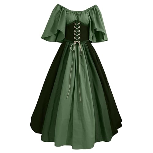 QJIRZB Damen Mittelalter Renaissance Kleid mit Korsett Irischer Bauernstil Überkleid 18. Jahrhundert Halloween Cosplay Kostüm (#02 Green, 3XL) von QJIRZB