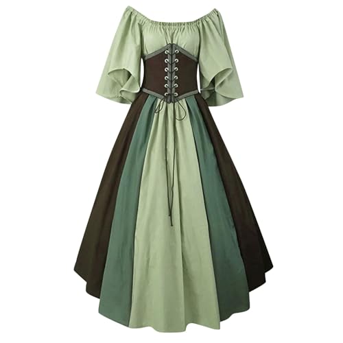 QJIRZB Damen Mittelalter Renaissance Kleid mit Korsett Irischer Bauernstil Überkleid 18. Jahrhundert Halloween Cosplay Kostüm (#02 Hellgrün, M) von QJIRZB