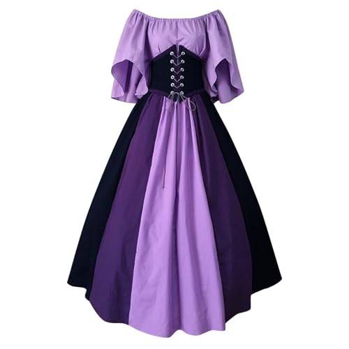 QJIRZB Damen Mittelalter Renaissance Kleid mit Korsett Irischer Bauernstil Überkleid 18. Jahrhundert Halloween Cosplay Kostüm (#02 Purple, 5XL) von QJIRZB