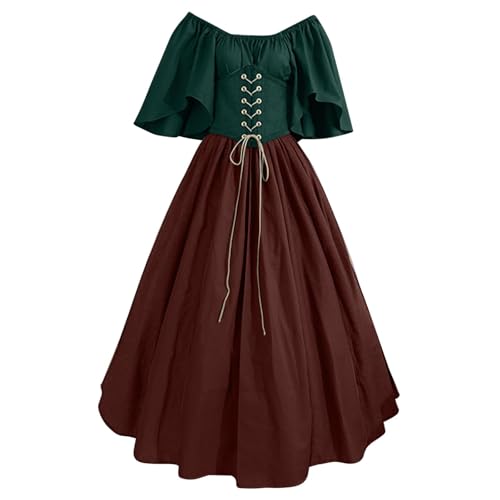 QJIRZB Damen Mittelalter Renaissance Kleid mit Korsett Irischer Bauernstil Überkleid 18. Jahrhundert Halloween Cosplay Kostüm (#02 Wine, 5XL) von QJIRZB