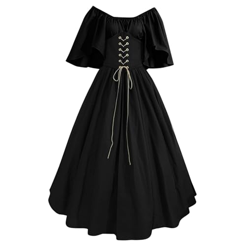QJIRZB Damen Mittelalter Renaissance Kleid mit Korsett Irischer Bauernstil Überkleid 18. Jahrhundert Halloween Cosplay Kostüm (#03 Black, S) von QJIRZB