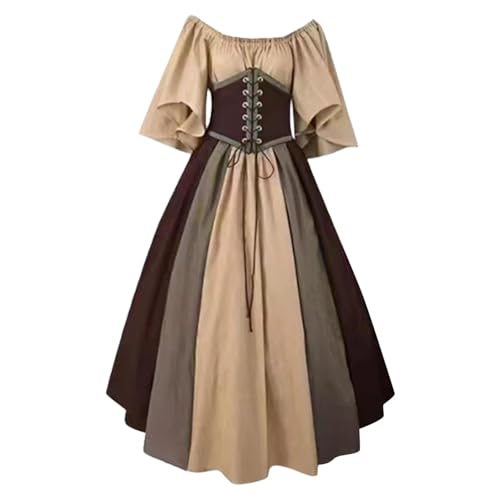 QJIRZB Damen Mittelalter Renaissance Kleid mit Korsett Irischer Bauernstil Überkleid 18. Jahrhundert Halloween Cosplay Kostüm (#03 Brown, 4XL) von QJIRZB