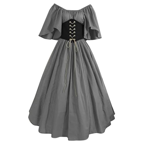 QJIRZB Damen Mittelalter Renaissance Kleid mit Korsett Irischer Bauernstil Überkleid 18. Jahrhundert Halloween Cosplay Kostüm (#03 Grau, 3XL) von QJIRZB
