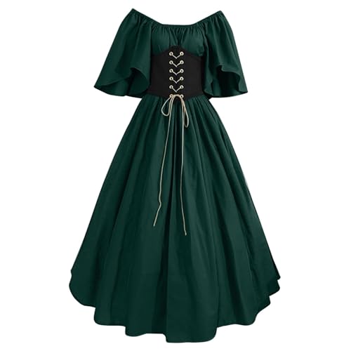 QJIRZB Damen Mittelalter Renaissance Kleid mit Korsett Irischer Bauernstil Überkleid 18. Jahrhundert Halloween Cosplay Kostüm (#03 Green, 5XL) von QJIRZB