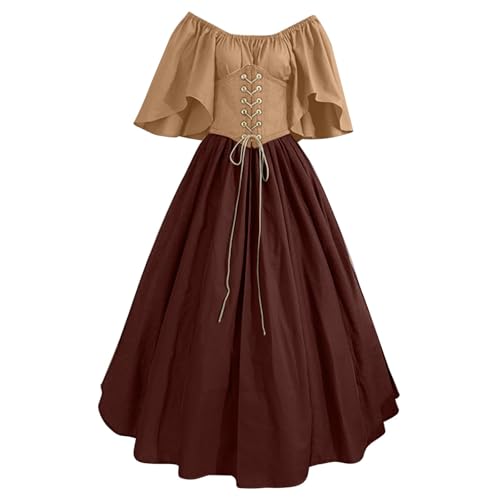 QJIRZB Damen Mittelalter Renaissance Kleid mit Korsett Irischer Bauernstil Überkleid 18. Jahrhundert Halloween Cosplay Kostüm (#03 Wine, 3XL) von QJIRZB