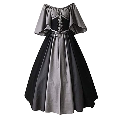 QJIRZB Damen Mittelalter Renaissance Kleid mit Korsett Irischer Bauernstil Überkleid 18. Jahrhundert Halloween Cosplay Kostüm (#04 Black, XL) von QJIRZB