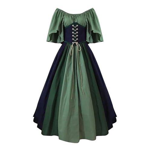 QJIRZB Damen Mittelalter Renaissance Kleid mit Korsett Irischer Bauernstil Überkleid 18. Jahrhundert Halloween Cosplay Kostüm (#04 Green, XXL) von QJIRZB