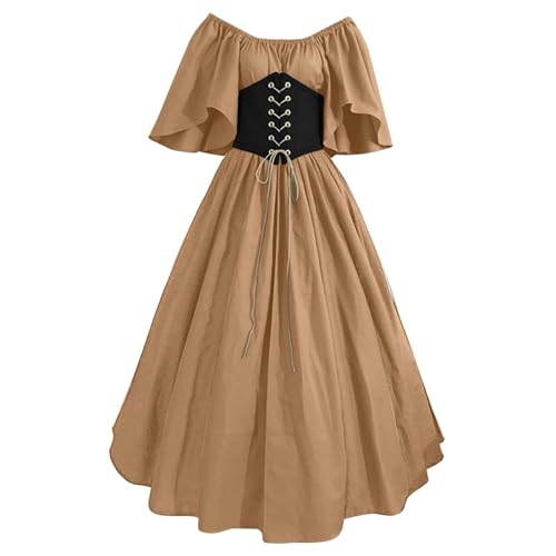 QJIRZB Damen Mittelalter Renaissance Kleid mit Korsett Irischer Bauernstil Überkleid 18. Jahrhundert Halloween Cosplay Kostüm (#04 Kahki, XL) von QJIRZB