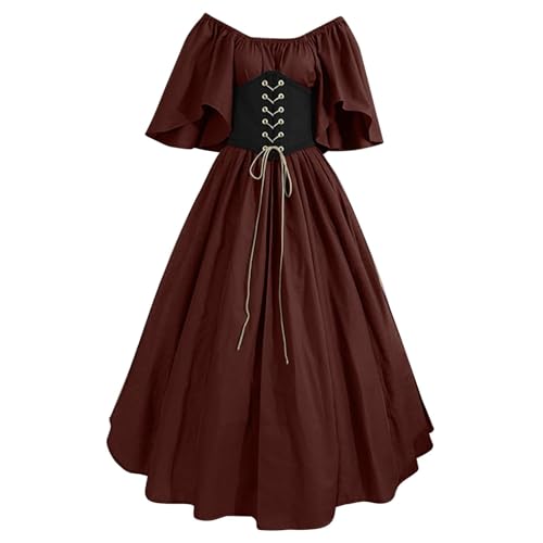 QJIRZB Damen Mittelalter Renaissance Kleid mit Korsett Irischer Bauernstil Überkleid 18. Jahrhundert Halloween Cosplay Kostüm (#04 Wine, L) von QJIRZB