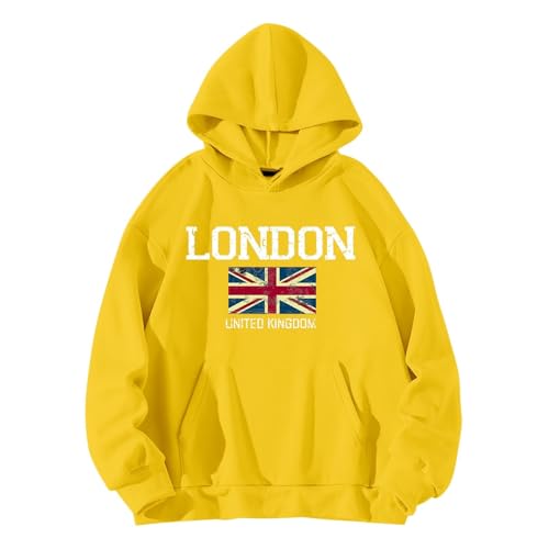 QJIRZB Damen Union Jack Pullover Hoodie - London UK Britische Flagge Grafik Sweatshirt, Brief gedruckt Streetwear, benutzerdefinierte Neuheit Pullover Bluse, Übergröße erhältlich (Gelb, M) von QJIRZB
