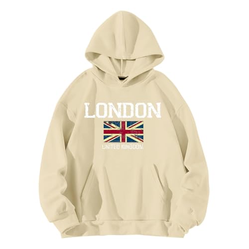 QJIRZB Damen Union Jack Pullover Hoodie London UK Britische Flagge Grafik Sweatshirt Brief Gedruckt Streetwear Benutzerdefinierte Neuheit Jumper Bluse Übergröße erhältlich (#01 Khaki, XXL) von QJIRZB