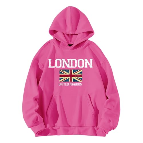 QJIRZB Damen Union Jack Pullover Hoodie - London UK Britische Flagge Grafik Sweatshirt Brief Gedruckt Streetwear Benutzerdefinierte Neuheit Jumper Bluse Übergröße erhältlich (Hot Pink, S) von QJIRZB
