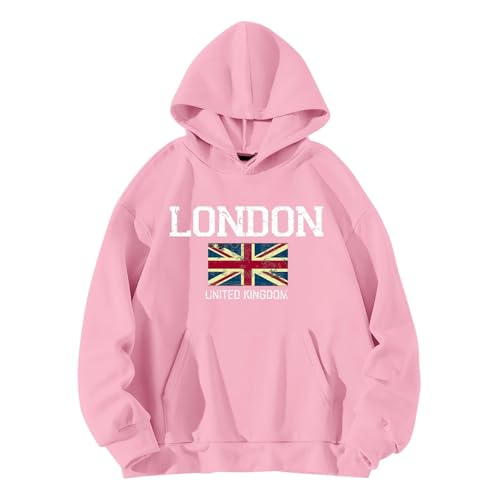 QJIRZB Damen Union Jack Pullover Hoodie - London UK Britische Flagge Grafik Sweatshirt Brief Gedruckt Streetwear Benutzerdefinierte Neuheit Jumper Bluse Übergröße erhältlich (Rosa, XXL) von QJIRZB