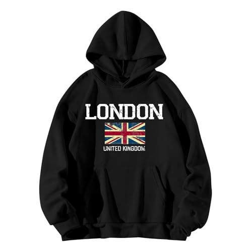 QJIRZB Damen Union Jack Pullover Hoodie - London UK Britische Flagge Grafik Sweatshirt Brief Gedruckt Streetwear Benutzerdefinierte Neuheit Jumper Bluse Übergröße erhältlich (Schwarz, XXL) von QJIRZB