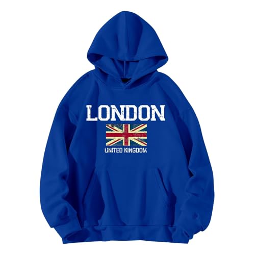 QJIRZB Damen Union Jack Pullover Hoodie - London UK Britische Flagge Grafik Sweatshirt Brief Gedruckt Streetwear Benutzerdefinierte Neuheit Pullover Bluse Übergröße erhältlich (Blau, XL) von QJIRZB