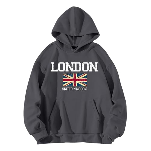 QJIRZB Damen Union Jack Pullover Hoodie - London UK Britische Flagge Grafik Sweatshirt Brief Gedruckt Streetwear Benutzerdefinierte Neuheit Pullover Bluse Übergröße erhältlich (Dunkelgrau, M) von QJIRZB