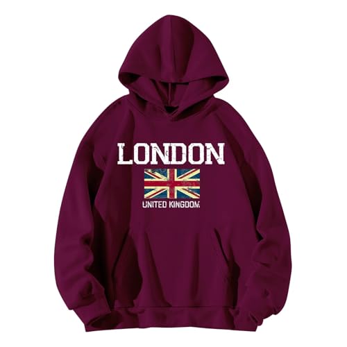QJIRZB Damen Union Jack Pullover Hoodie - London UK Britische Flagge Grafik Sweatshirt Brief Gedruckt Streetwear Benutzerdefinierte Neuheit Pullover Bluse Übergröße erhältlich (Dunkelviolett, L) von QJIRZB