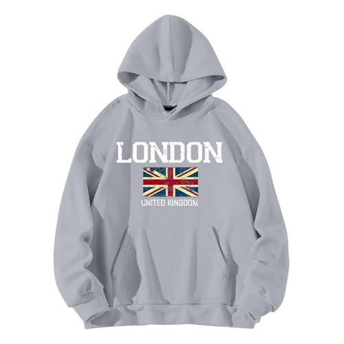 QJIRZB Damen Union Jack Pullover Hoodie - London UK Britische Flagge Grafik Sweatshirt Brief Gedruckt Streetwear Benutzerdefinierte Neuheit Pullover Bluse Übergröße erhältlich (Grau, S) von QJIRZB