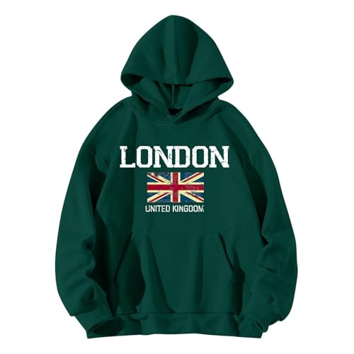 QJIRZB Damen Union Jack Pullover Hoodie - London UK Britische Flagge Grafik Sweatshirt Brief Gedruckt Streetwear Benutzerdefinierte Neuheit Pullover Bluse Übergröße erhältlich (Grün, XL) von QJIRZB
