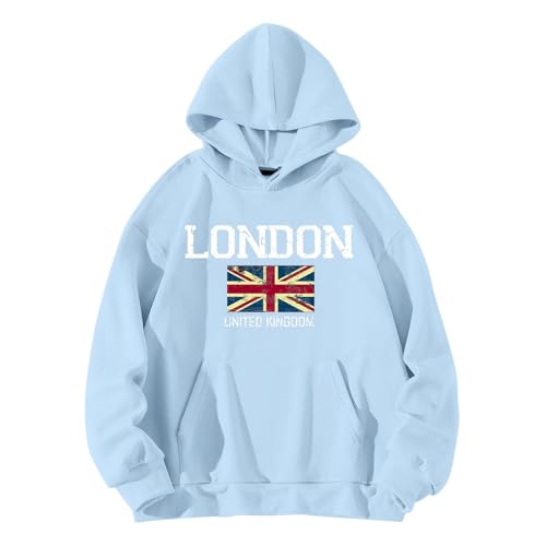 QJIRZB Damen Union Jack Pullover Hoodie - London UK Britische Flagge Grafik Sweatshirt Brief Gedruckt Streetwear Benutzerdefinierte Neuheit Pullover Bluse Übergröße erhältlich (Himmelblau, L) von QJIRZB
