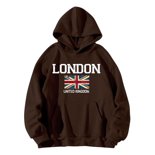 QJIRZB Damen Union Jack Pullover Hoodie - London UK Britische Flagge Grafik Sweatshirt Brief Gedruckt Streetwear Benutzerdefinierte Neuheit Pullover Bluse Übergröße erhältlich (Kaffee, S) von QJIRZB