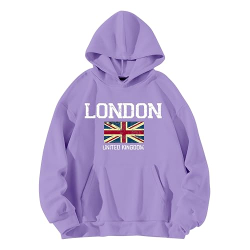 QJIRZB Damen Union Jack Pullover Hoodie - London UK Britische Flagge Grafik Sweatshirt Brief Gedruckt Streetwear Benutzerdefinierte Neuheit Pullover Bluse Übergröße erhältlich (Lila, S) von QJIRZB
