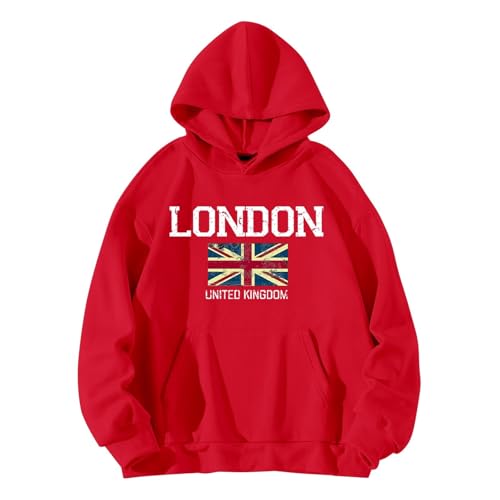 QJIRZB Damen Union Jack Pullover Hoodie London UK Britische Flagge Grafik Sweatshirt Brief Gedruckt Streetwear Benutzerdefinierte Neuheit Pullover Bluse Übergröße erhältlich (Rot, XL) von QJIRZB