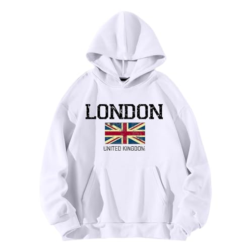 QJIRZB Damen Union Jack Pullover Hoodie - London UK Britische Flagge Grafik Sweatshirt Brief Gedruckt Streetwear Benutzerdefinierte Neuheit Pullover Bluse Übergröße erhältlich (Weiß, M) von QJIRZB