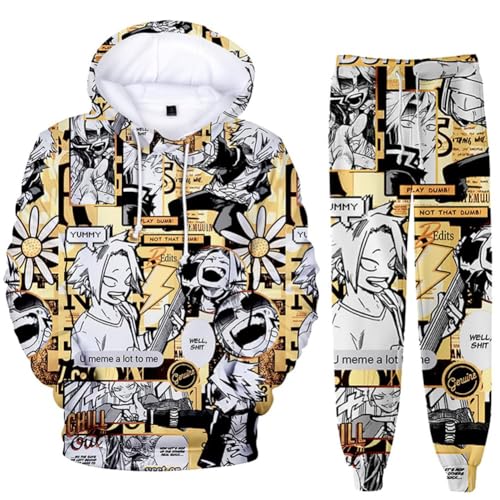 QJIRZB MHA Sweatshirt mit Hose, Midoriya Izuku/Toga, Himiko, Pullover, Sweatshirt, Sporthose, Cartoon-Hoodie-Anzug-Set (Kaminari Denki, XXL) von QJIRZB