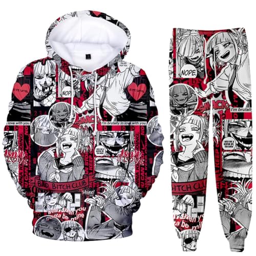 QJIRZB MHA Sweatshirt mit Hose, Midoriya Izuku/Toga, Himiko, Pullover, Sweatshirt, Sporthose, Cartoon-Hoodie-Anzug-Set (Toga Himiko, XXL) von QJIRZB