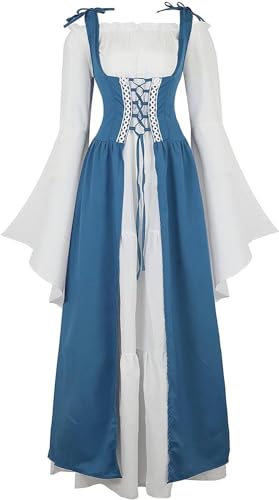 QJIRZB Renaissance-Kostüm für Damen, mittelalterliche Kleider, irisch, über Plue, Größe Deluxe, viktorianisches Retro, Cosplay (Stahlblau, XS) von QJIRZB