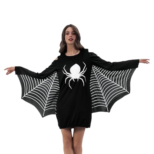 QJWBZ Halloween Damen Kleid Fledermaus Kostüm: Frauen Schwarz Spinne Long Sleeve Kleid Für Karneval Cosplay Party (S) von QJWBZ