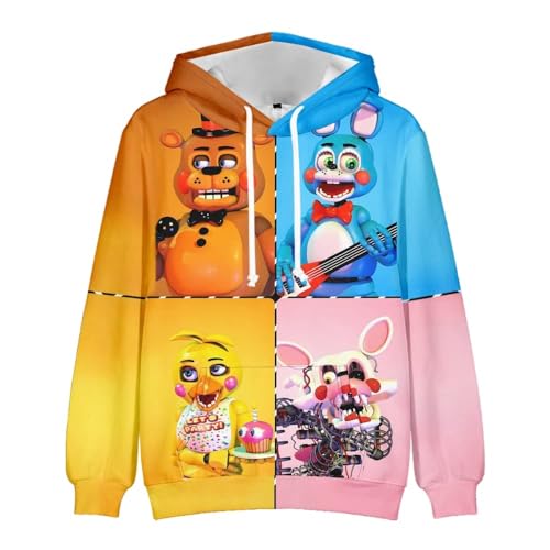 QKNTKF Five Nights Game Hoodies 3D Druck Muster Pullover mit Kapuze Sweatshirt, Five Nights Casual Langarm Spiel Hoodies für Unisex Fans und Kinder (160, Type 1) von QKNTKF