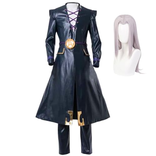 QKNTKF JJBA Leone Abbacchio Cosplay-Kostüm mit Perücke, Anime-Cosplay-Outfits, schwarzer Mantel, Hose und Zubehör, komplettes Set von Kleidung für Halloween-Party (Outfits + Perücke, M) von QKNTKF