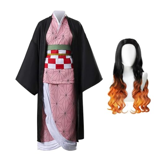 QKNTKF Kamado Nezuko Cosplay Kostüm Nezuko Cosplay Kimono Anime Cosplay Outfits Komplettes Set Verkleidung Kostüm für Halloween Karneval Party (Kamado Nezuko mit Perücke, S) von QKNTKF