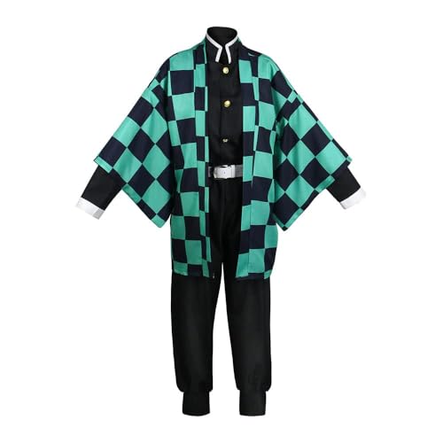 QKNTKF Kamado Tanjiro Cosplay Kostüm Outfit Anime Cosplay Herren Umhang Jacke Rolle Cosplay Komplettes Set Verkleidung Kostüm für Halloween Karneval Party (Kamado Tanjiro, 140) von QKNTKF